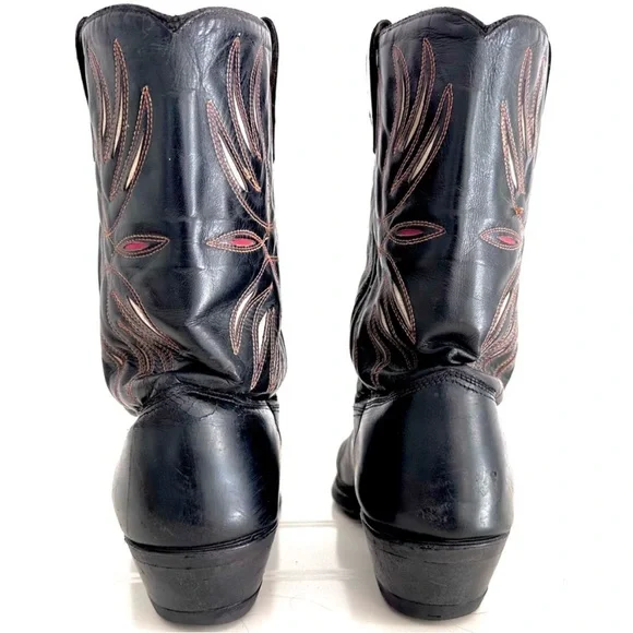 Vintage Cowboy Boots Black Embroidered Genuine Leather - Picture 2 of 5